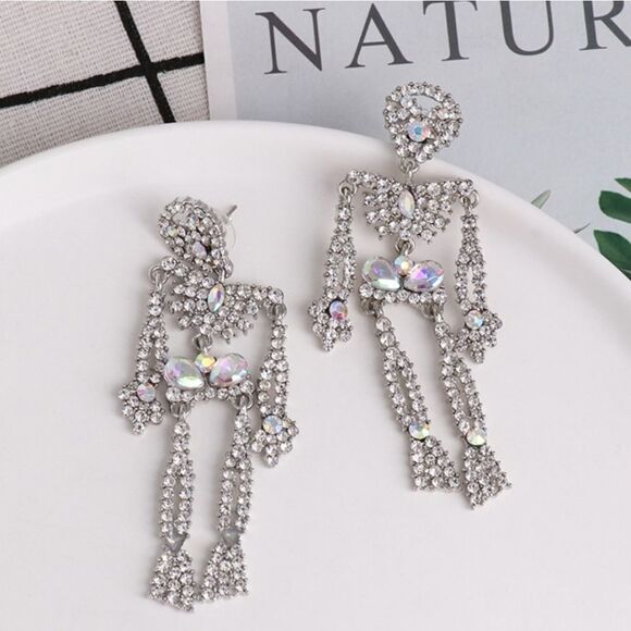 SKELETON Aurora Borealis irradescent rhinestone halloween earrings - Picture 1 of 6